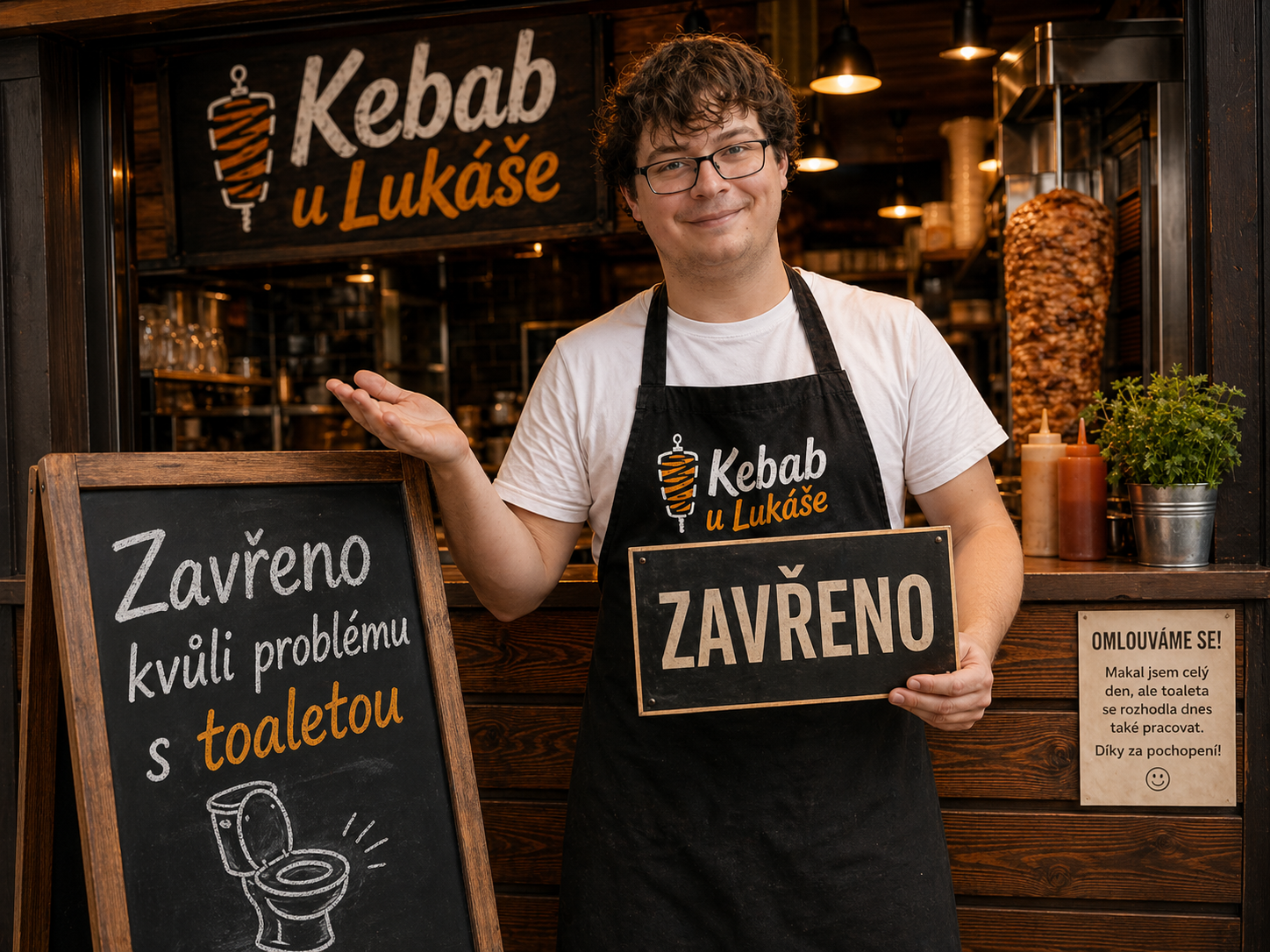 Lukáš zavírá stánek kvůli problému s toaletou